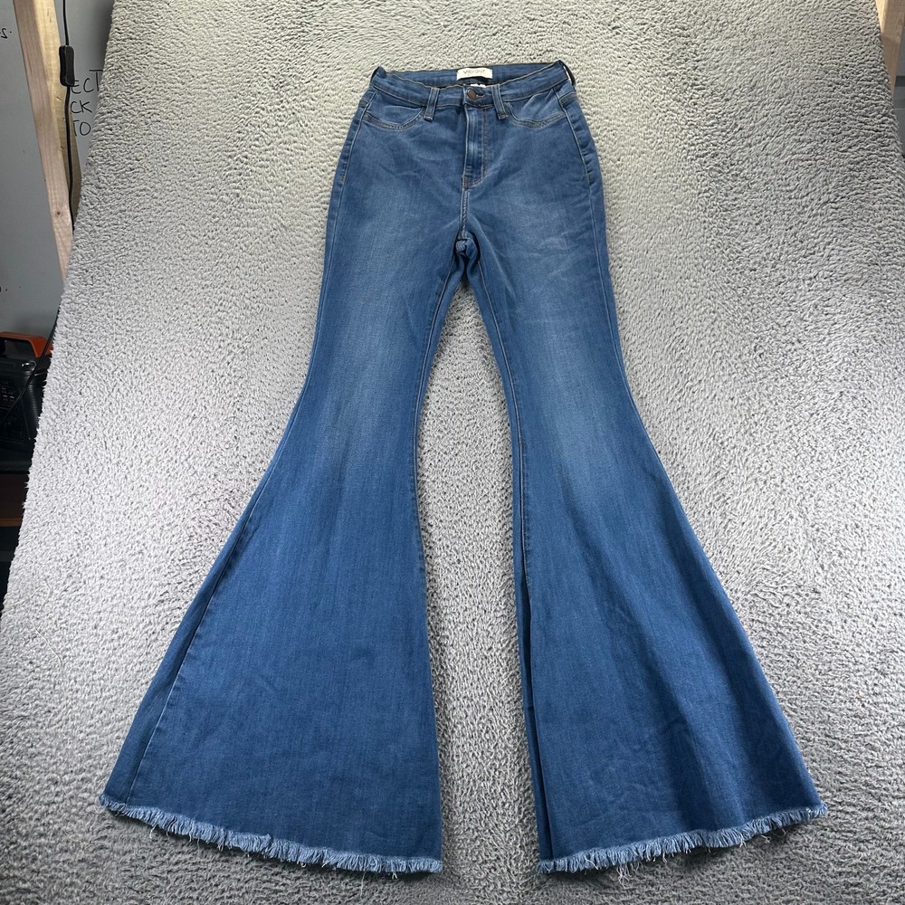 Vibrant Miu Jeans‎ Women's 5 Blue Cotton Denim Flare Leg Raw Hem Workwear Faded